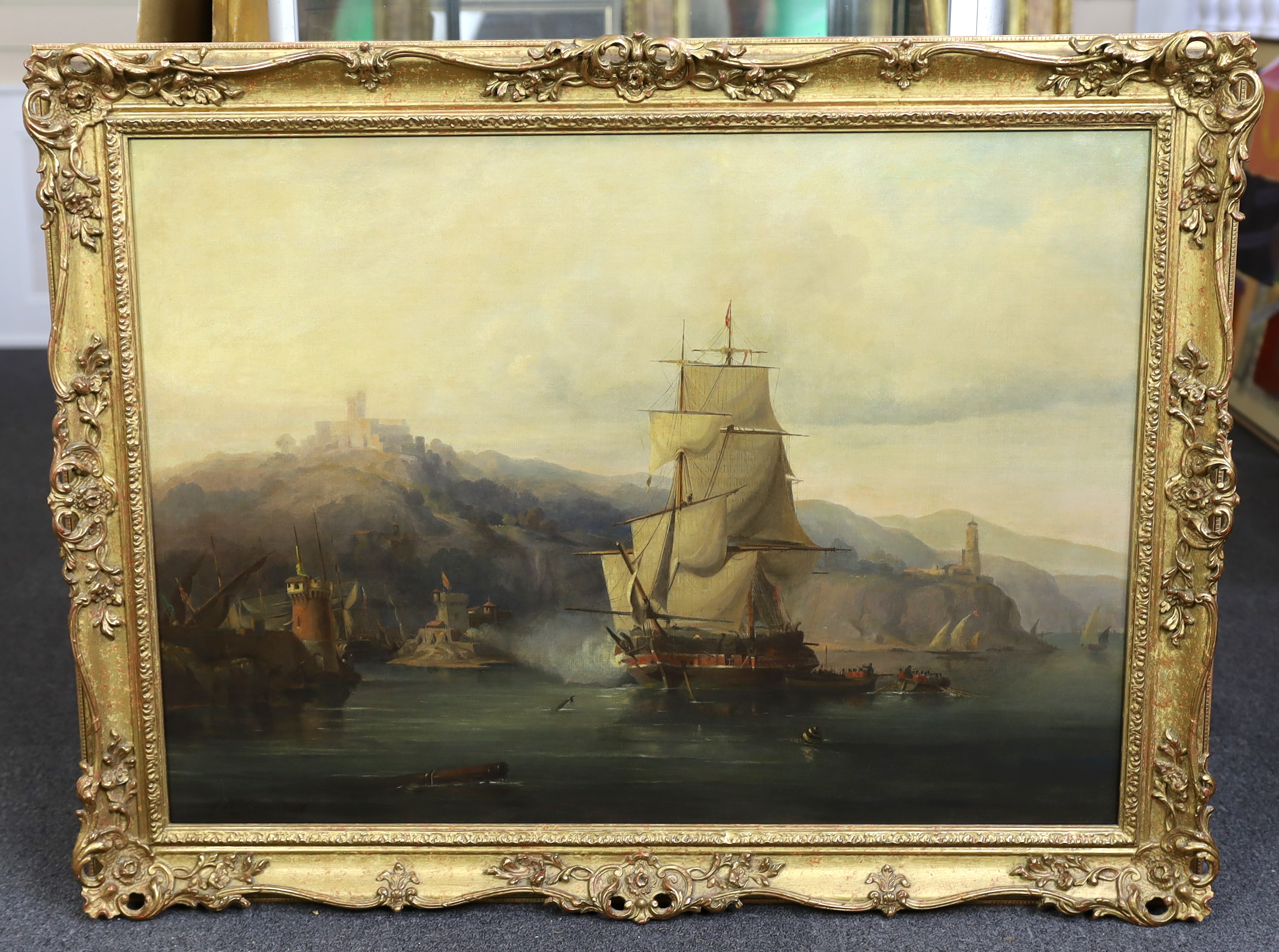 After George Chambers (British, 1803-1840), 'The Capture of Bagur', oil on canvas, 60 x 83cm